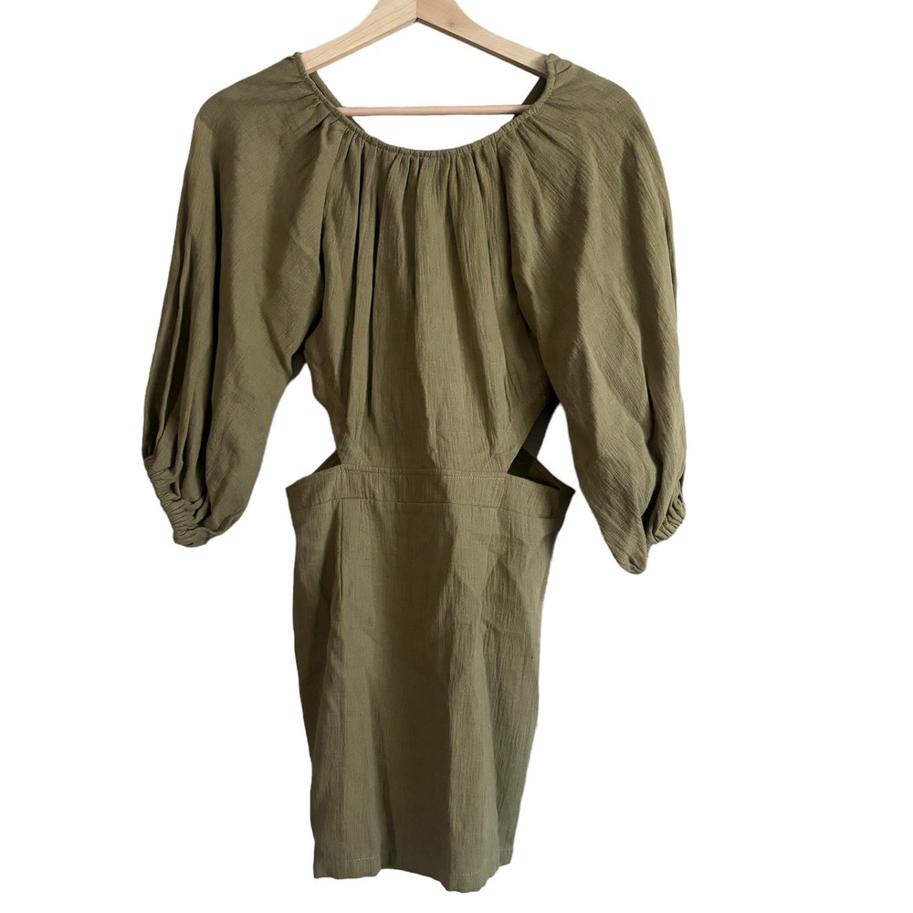 Maurie + Eve Another Day Mini Dress Olive Green XS Puff Sleeves Cut Out Cotton - Picture 4 of 12